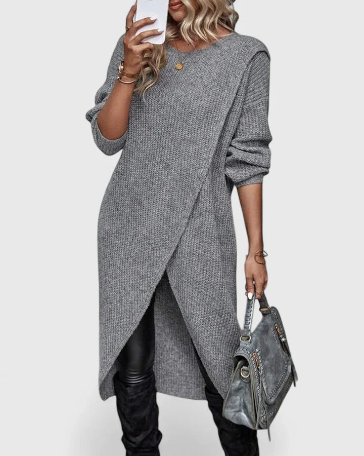 Women's Knit Wrap-Front Jumper Dress – Office – Grey