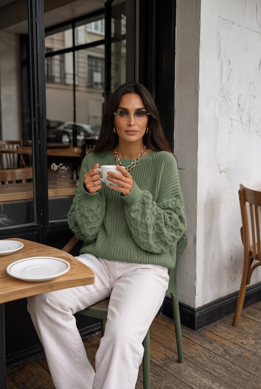 Women's Chunky Knit Jumper – Bubble Sleeve Round Neck