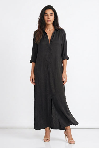 Women's Linen Shirt Dress – Long Sleeve Maxi Dress with Buttons