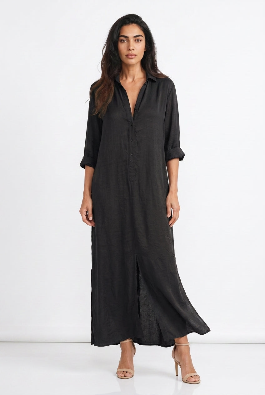 Women's Linen Shirt Dress – Long Sleeve Maxi Dress with Buttons