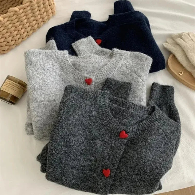 Women's Knit Cardigan – Heart Button Round Neck