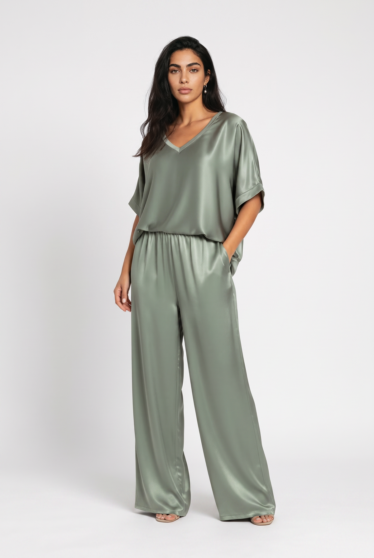 Women's Satin Co-ord Set – V-Neck Top & Wide Leg Trousers