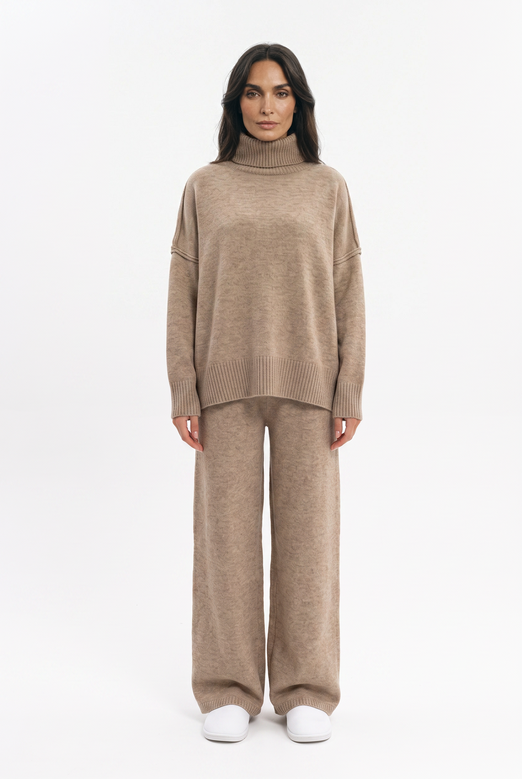 Women's Knitted Co-ord Set – Roll Neck Jumper & Wide Leg Trousers