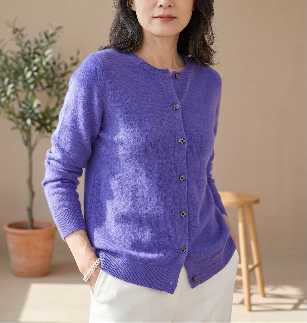 Women's Merino Wool Cardigan – Button-Front O-Neck – Dark Blue
