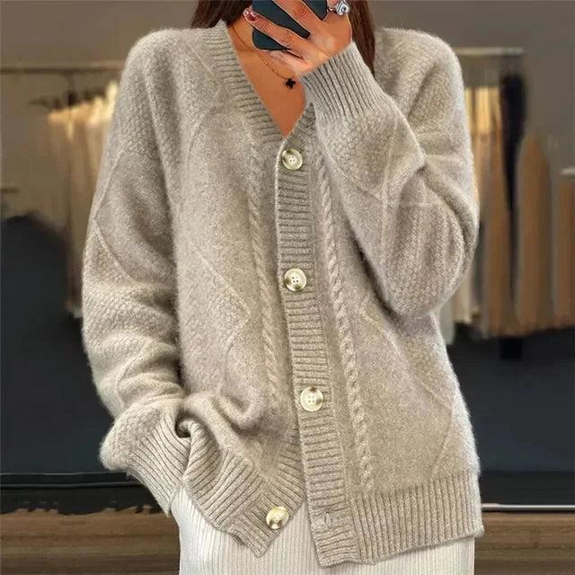 Women's Diamond Knit Cardigan – Button Front V-Neck Layer