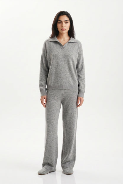 Women's Knitted Co-ord Set – Polo Collar & Wide Leg Trousers