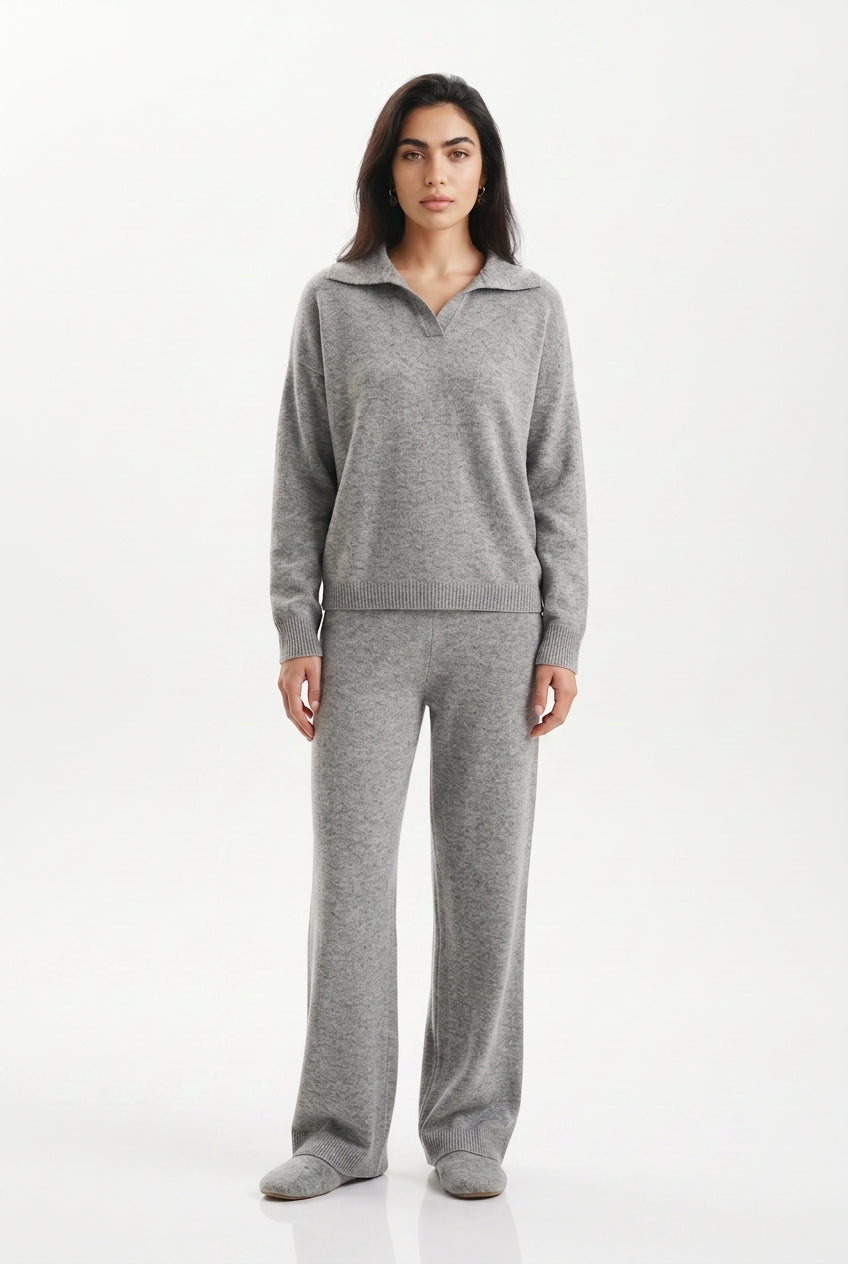 Women's Knitted Co-ord Set – Polo Collar & Wide Leg Trousers