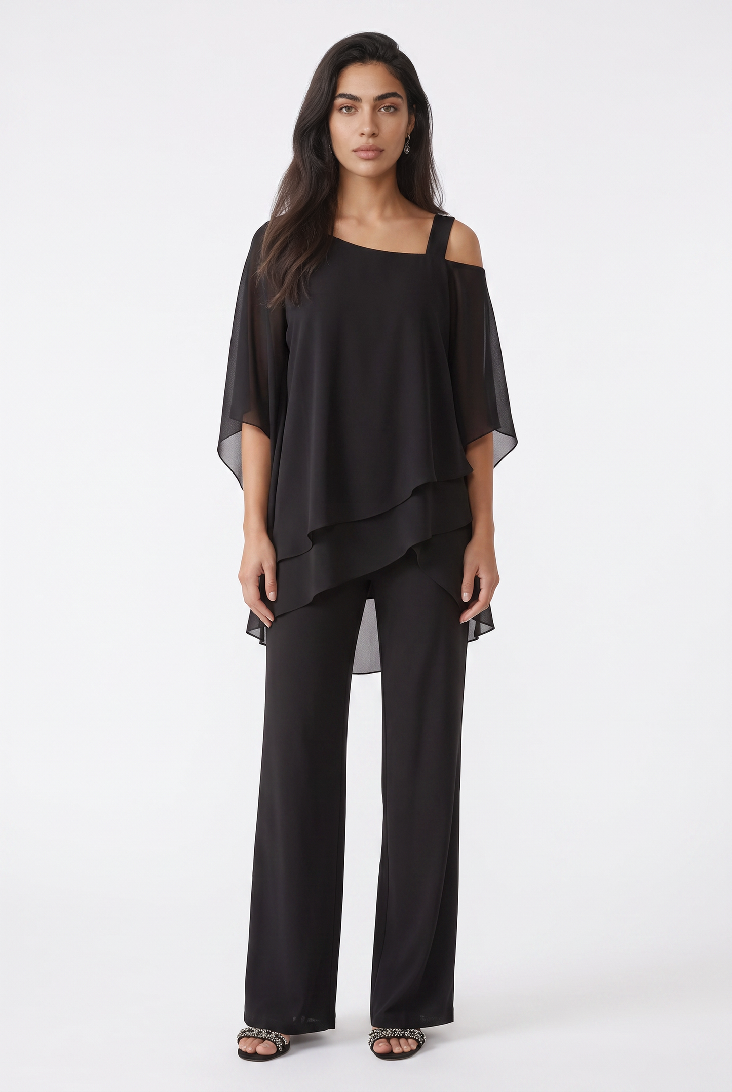 Women's Chiffon Trouser Suit – Layered Top & Wide Leg Trousers