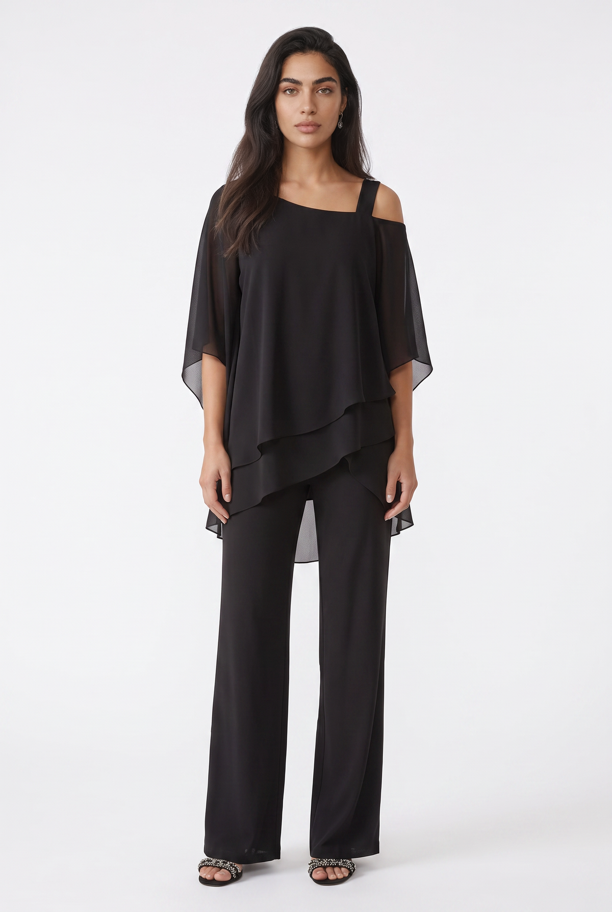 Women's Chiffon Trouser Suit – Layered Top & Wide Leg Trousers