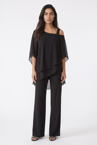 Women's Chiffon Trouser Suit – Layered Top & Wide Leg Trousers