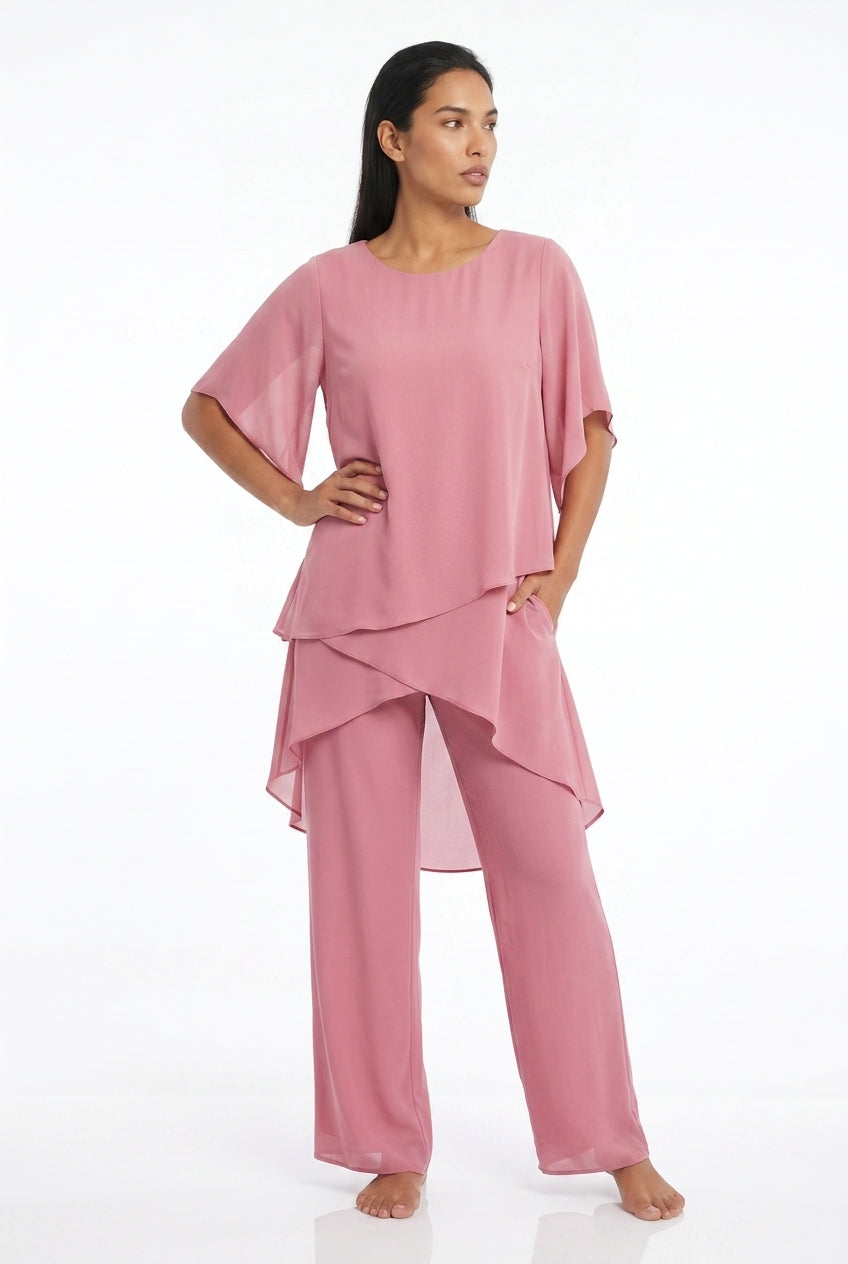 Women's Chiffon Palazzo Trouser Set – Layered Top & Wide-Leg Trousers