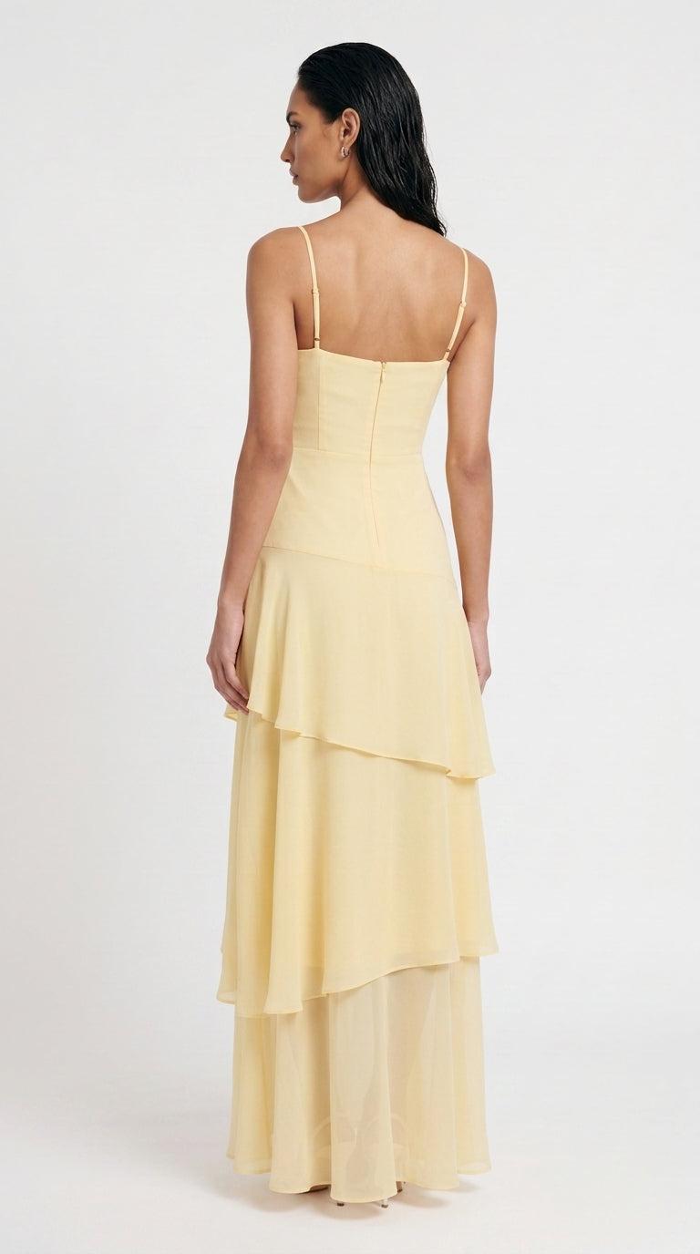 Ruffle Halter Maxi Dress V-Neck Tiered Chiffon Yellow Black