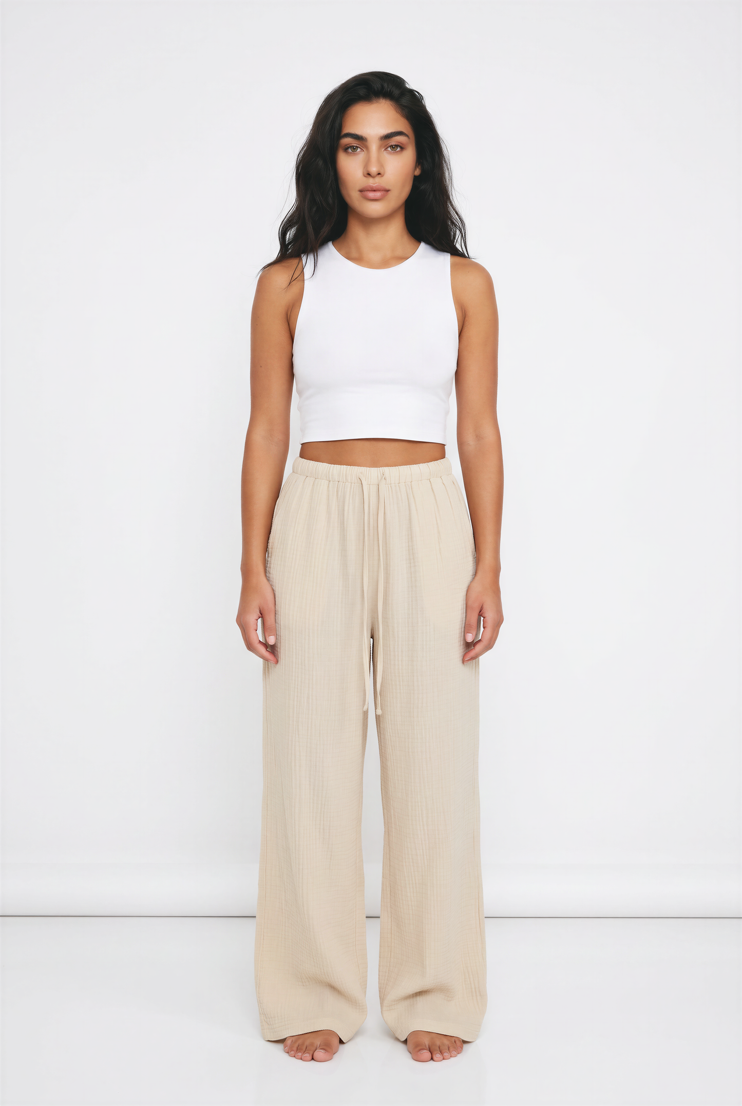 Women's Wide Leg Linen-Look Trousers – Elasticated Waist Relaxed Fit