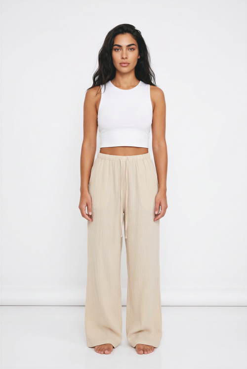 Women's Wide Leg Linen-Look Trousers – Elasticated Waist Relaxed Fit