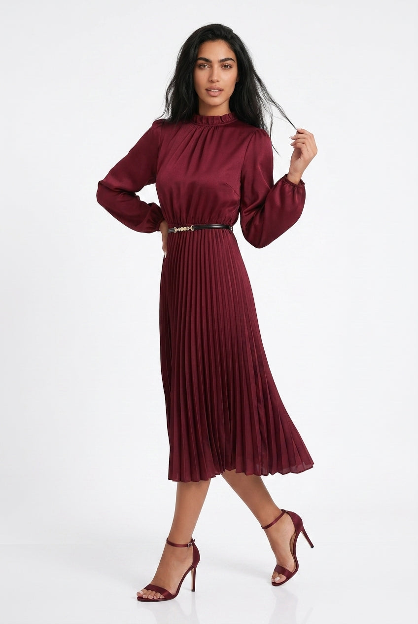 Women's Pleated Midi Dress – High Neck Long Sleeve