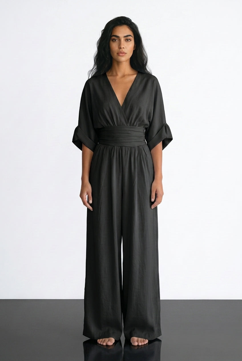 Women's Wide Leg Jumpsuit – V-Neck Belted Occasion