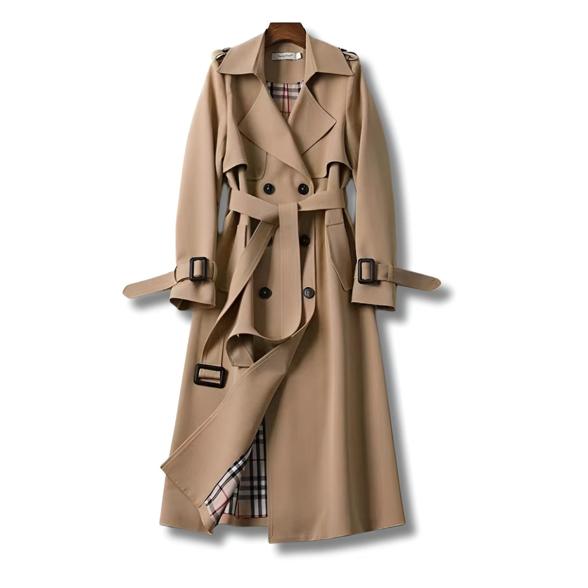 Women's Belted Trench Coat – Double-Breasted Winter – Khaki