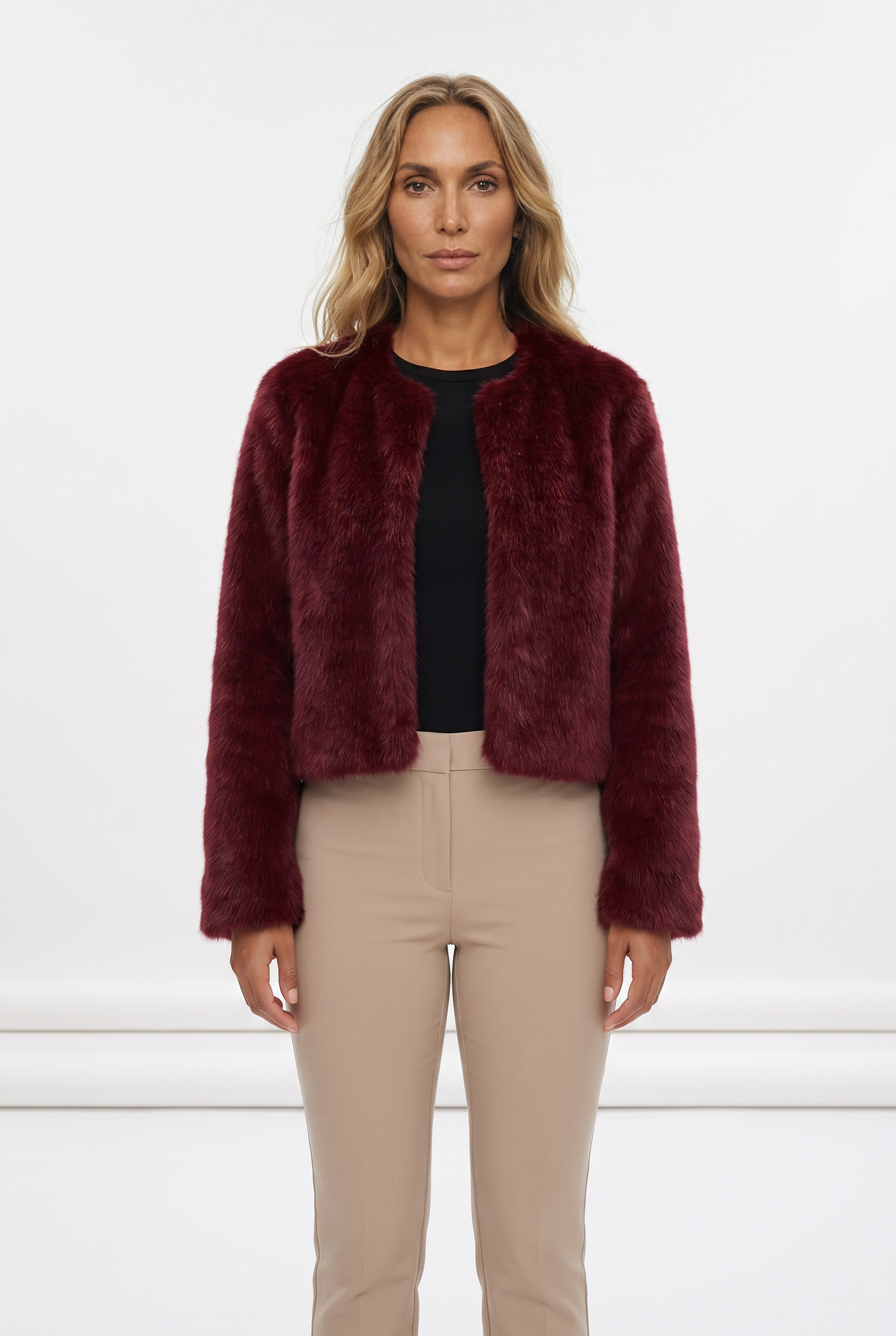 Women's Cropped Faux Fur Jacket – Collarless Evening Cover-Up