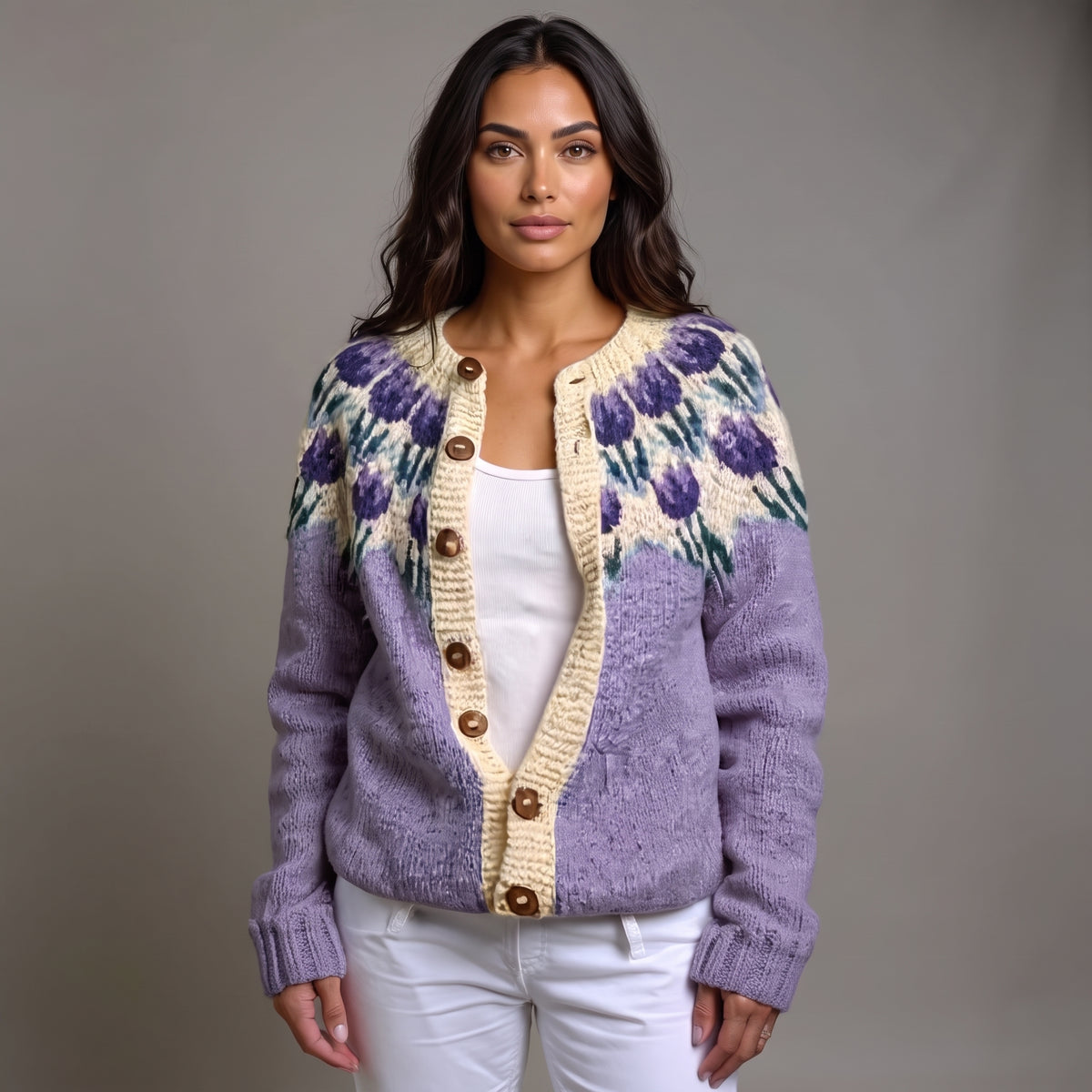 Women's Fair Isle Knit Cardigan – Floral Yoke Button-Front