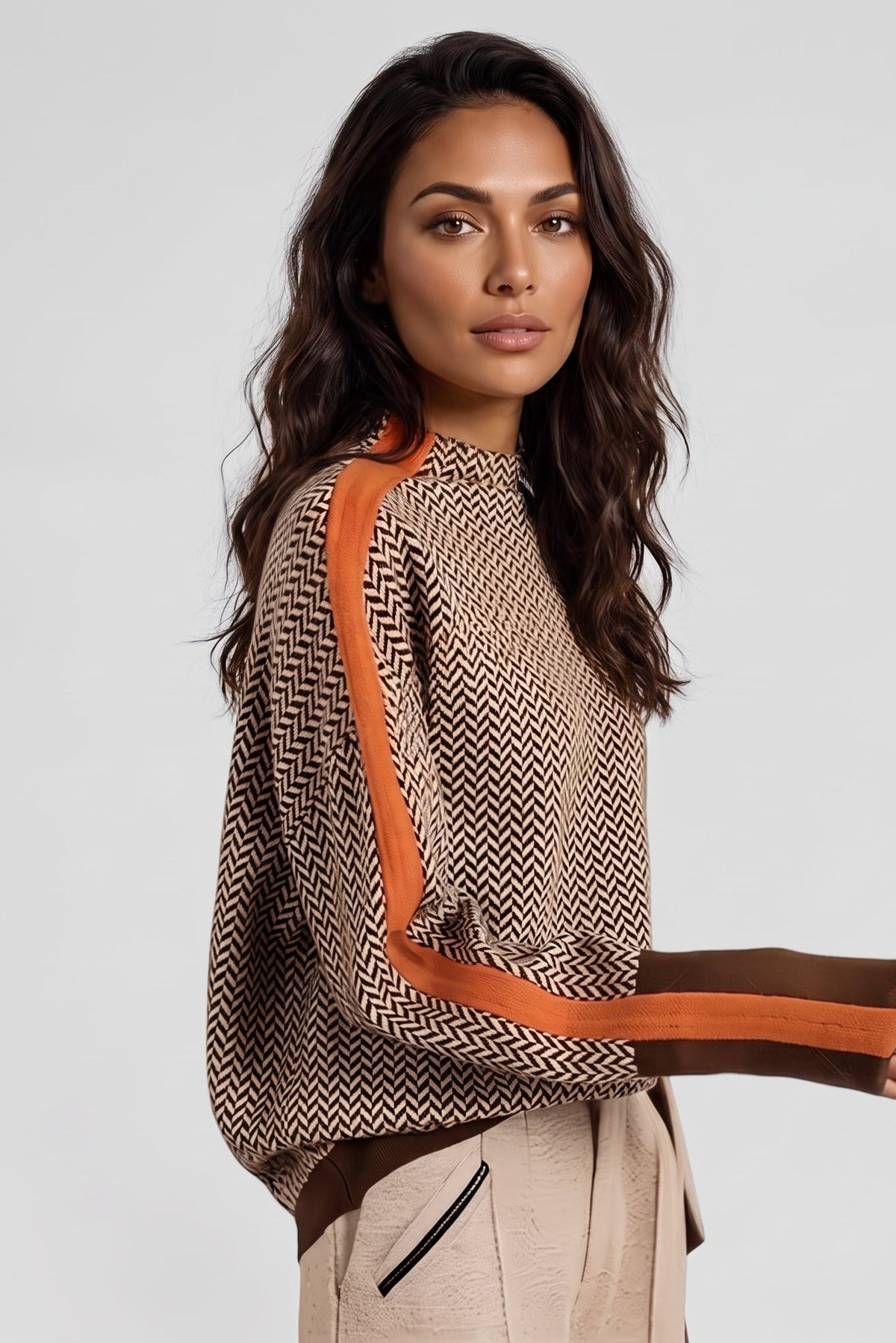 Women's Herringbone Knit Jumper – Colour-Block Roll Neck Sweater