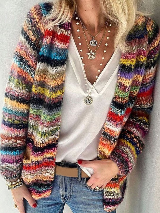 Women's Chunky Stripe Knit Cardigan – Multicolour Open Front