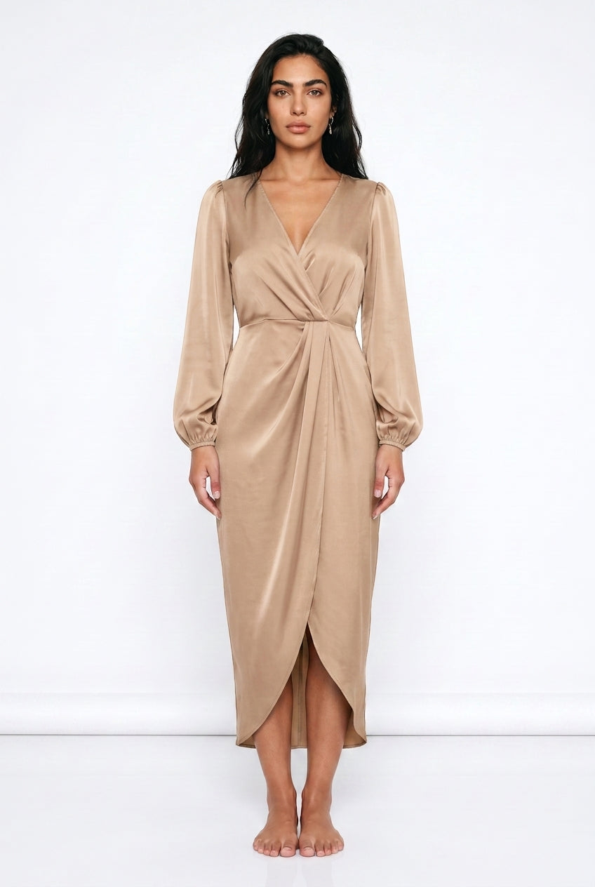 Women's Satin Wrap Midi Dress – V-Neck Twist Waist