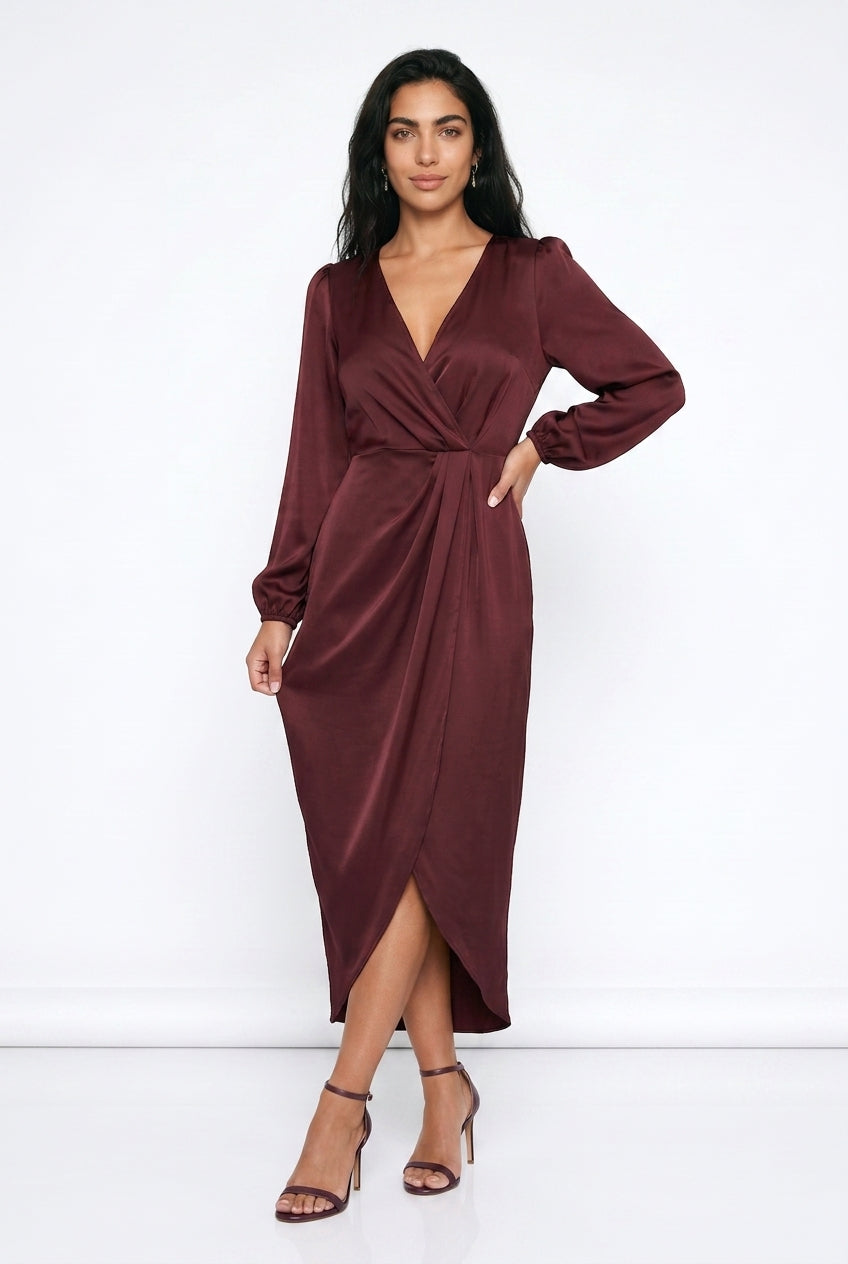 Women's Satin Wrap Midi Dress – V-Neck Twist Waist