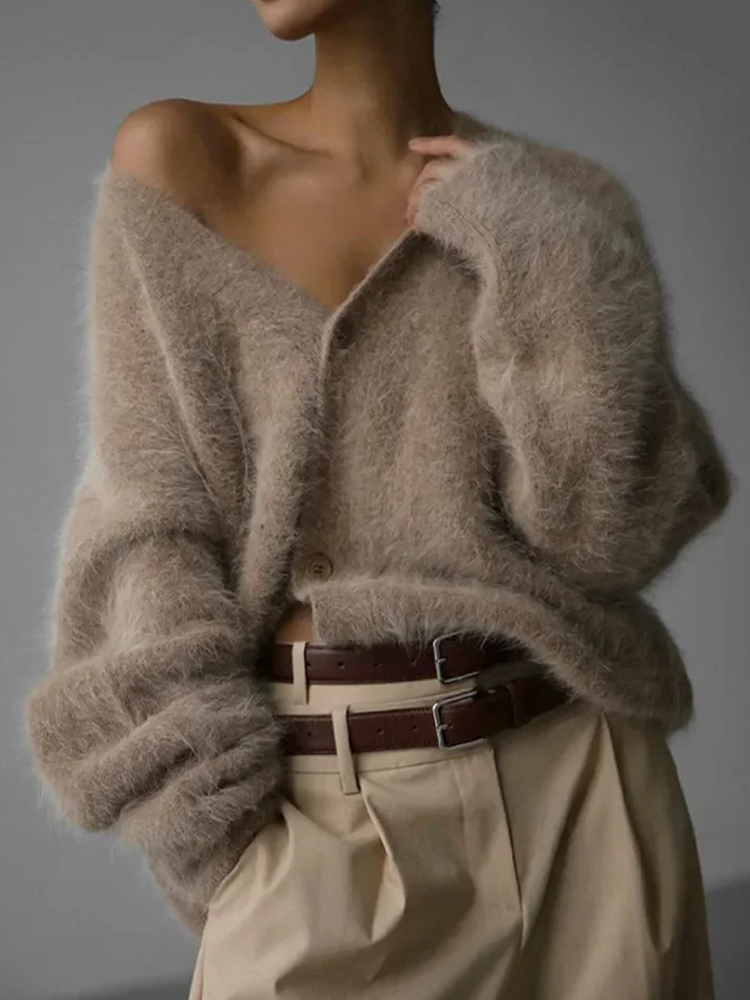 Women's Fluffy Knit Cardigan with Button Front