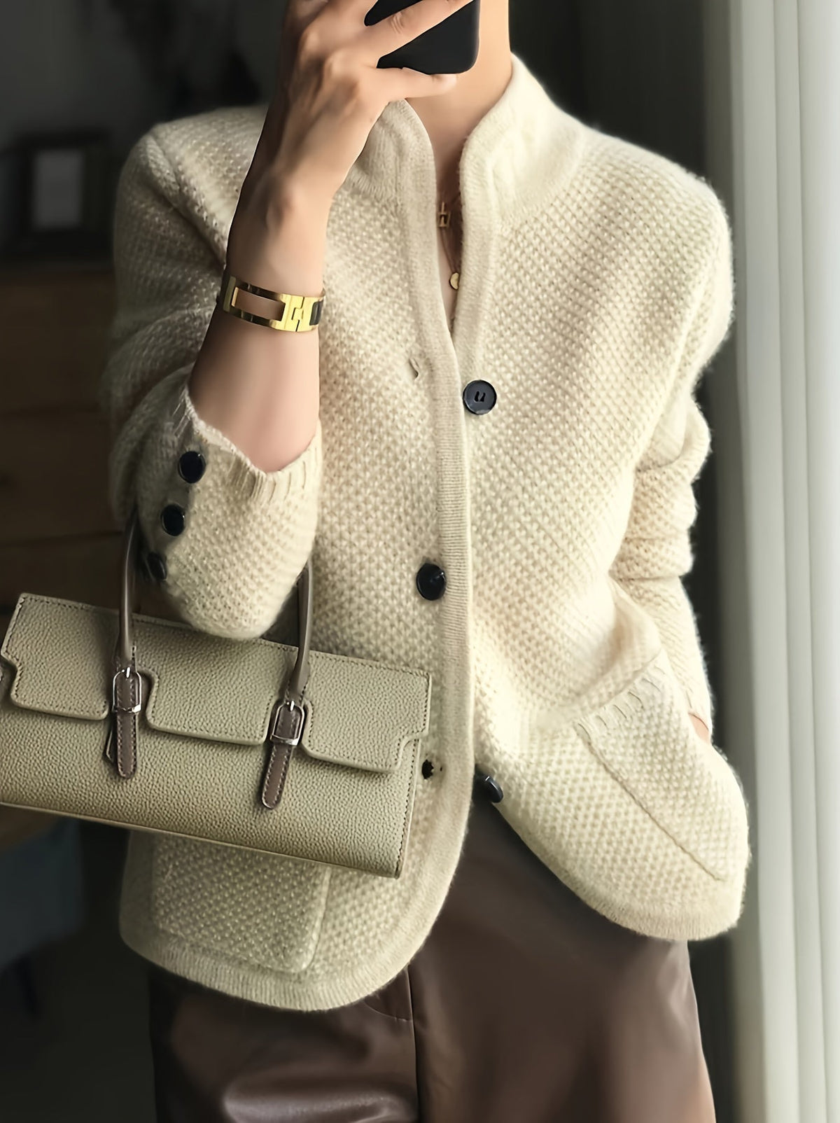 Women's Textured Knit Cardigan – Stand Collar Button Front