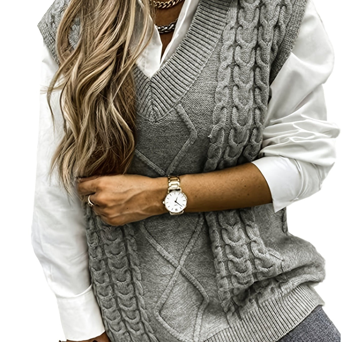 Women's Cable Knit V-Neck Jumper Vest, Preppy Layering Piece
