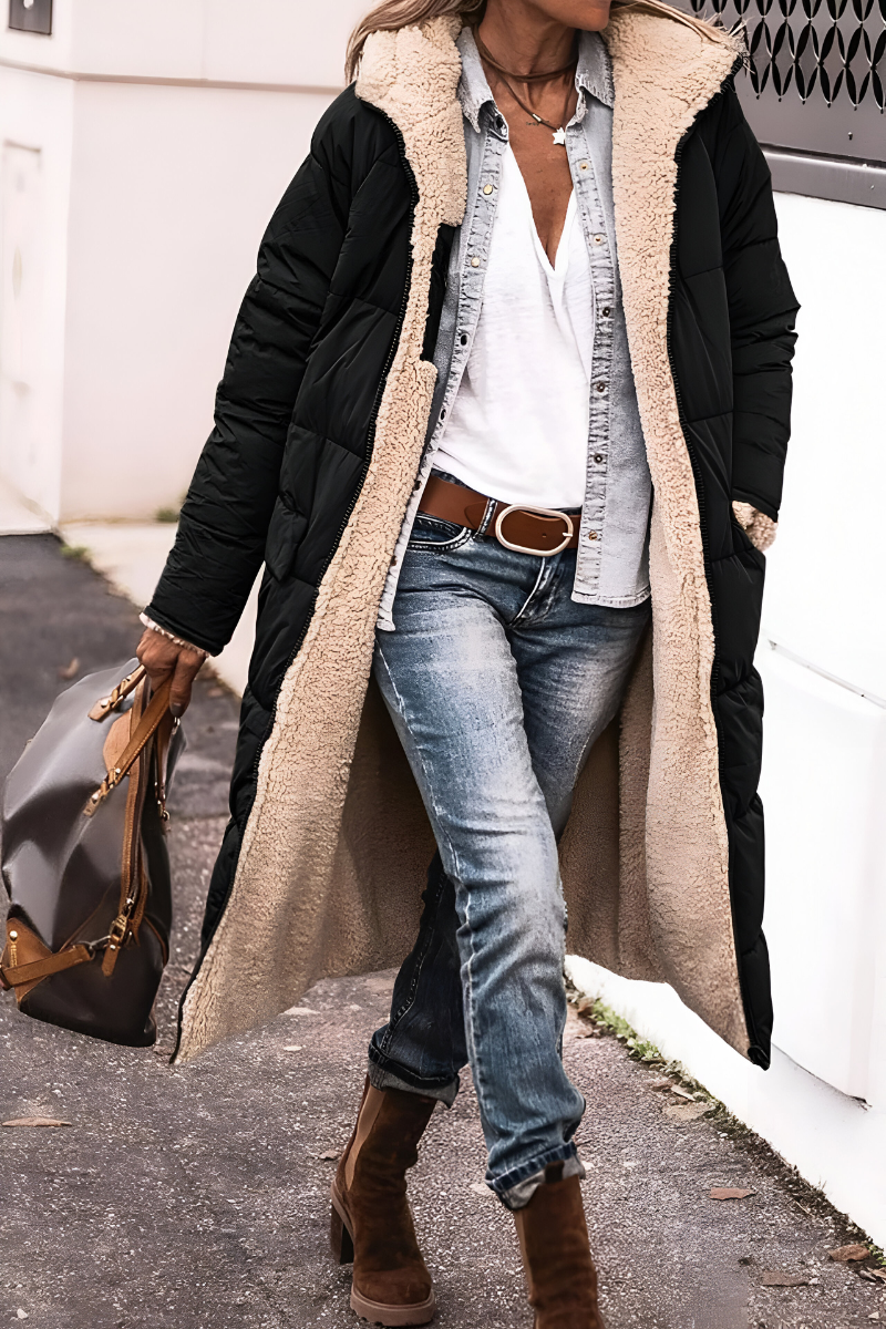 Women's Longline Sherpa-Lined Puffer Coat with Hood