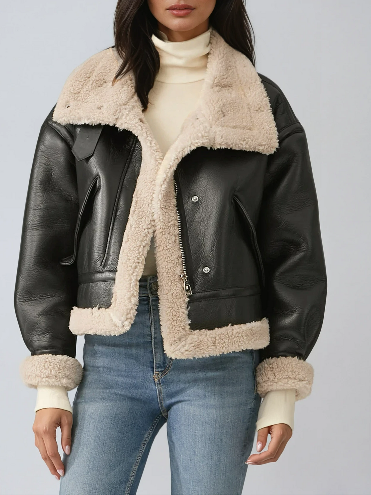 Women's Black Faux Leather Flight Jacket with Sherpa Lining