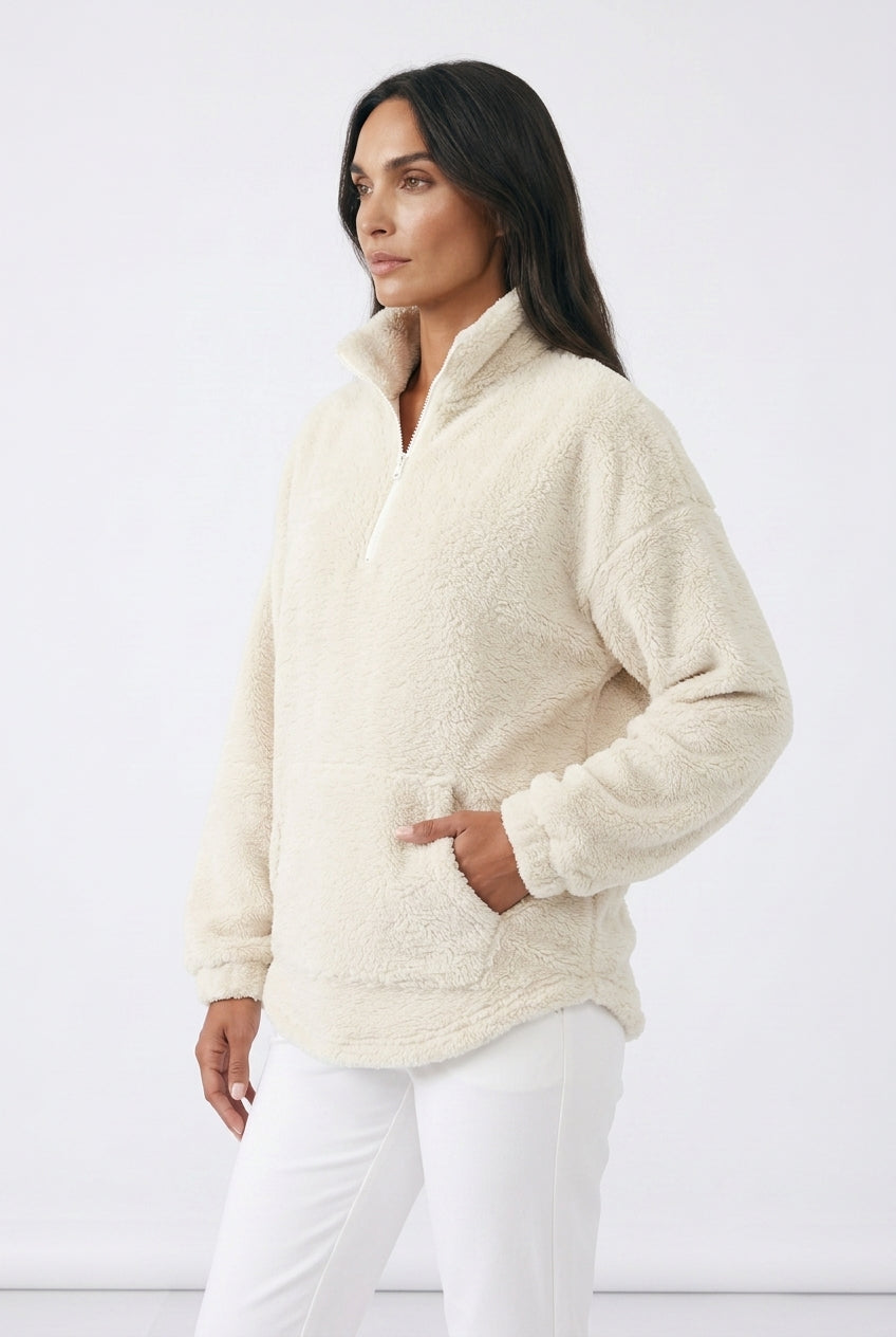 Women's Cream Teddy Fleece Half-Zip – High Neck Pullover