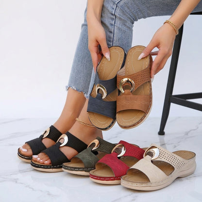Women's Wedge Sandals – Buckle Detail, Cut-Out Slip-On Mules