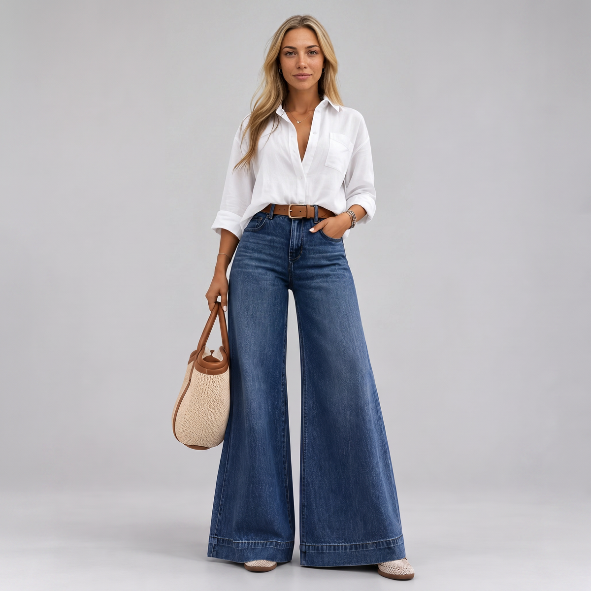 Women's Wide Leg Flared High Waist Jeans, Stretch Denim