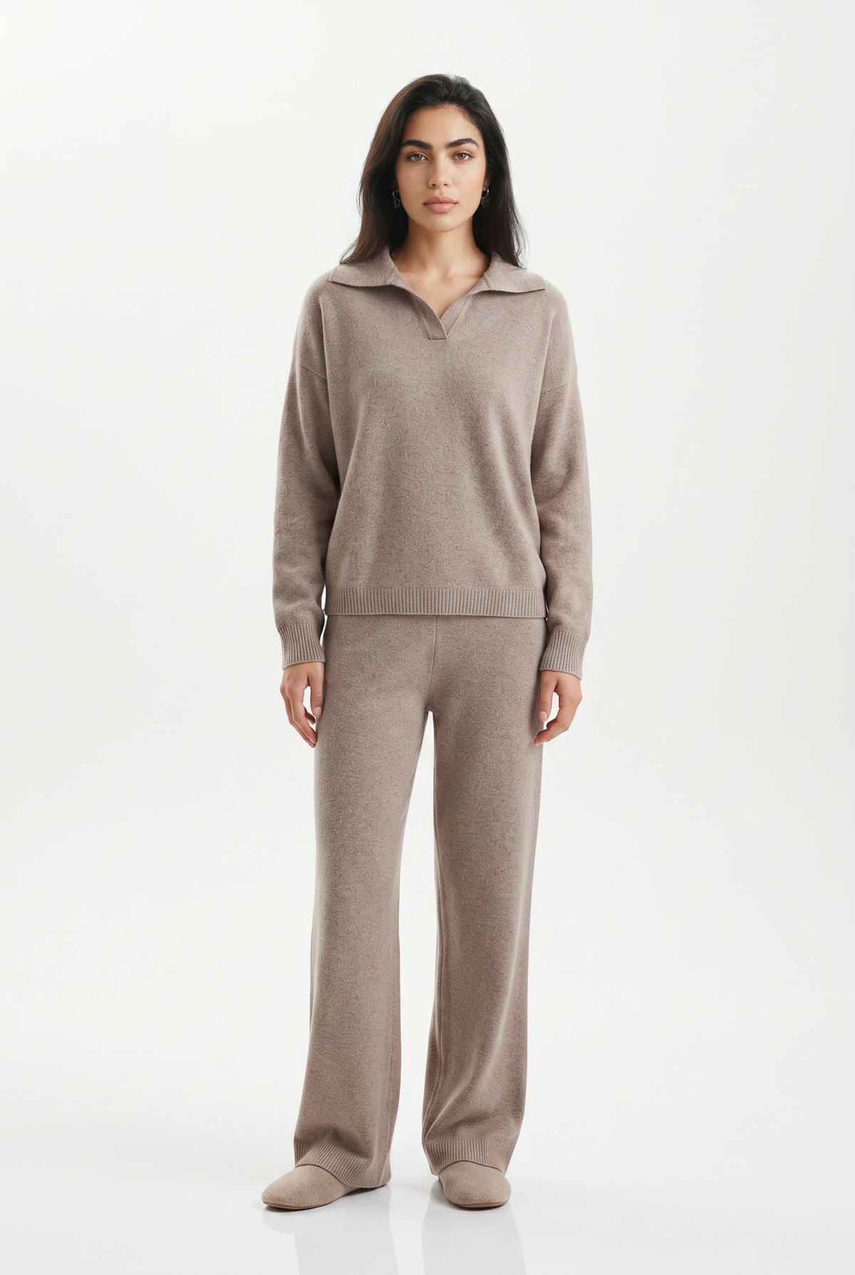 Women's Knitted Co-ord Set – Polo Collar & Wide Leg Trousers