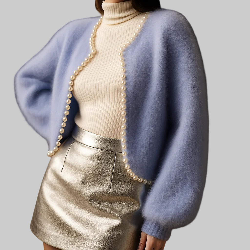 Women's Fluffy Knit Cardigan – Pearl-Trim Cropped Cardigan