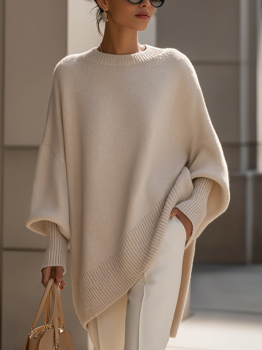 Women's Oversized Batwing Knit Jumper – Asymmetric Hem