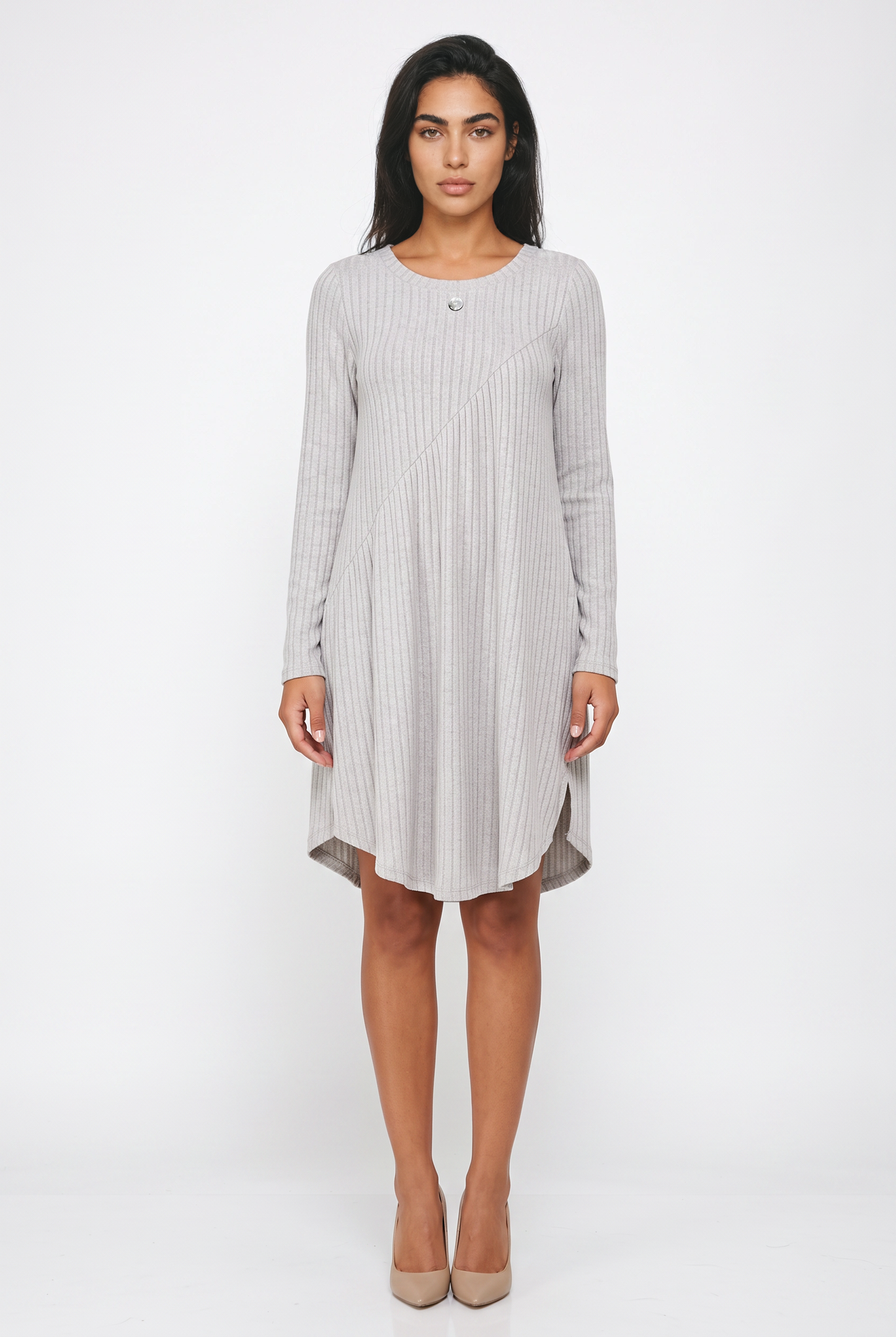 Women's Ribbed Jumper Dress - Long Sleeve, Swing Hem, Knitted