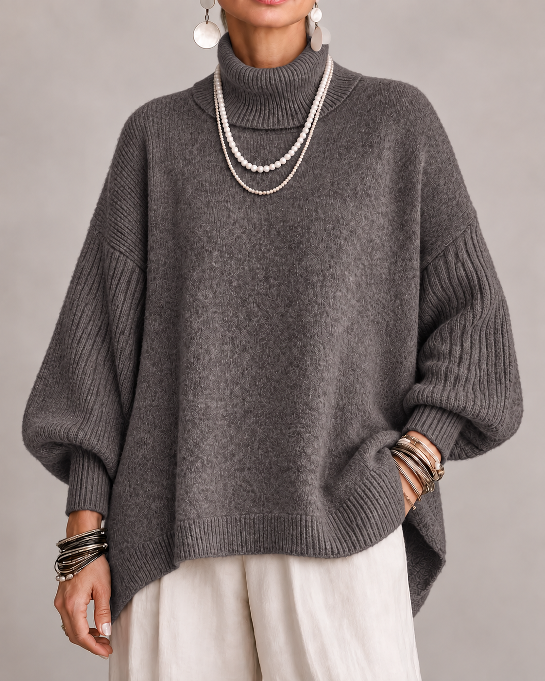 Women's Oversized Roll Neck Jumper – Ribbed Sleeves