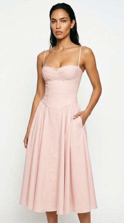 Women's Corset Midi Dress – Square Neck A-Line Dress with Pockets