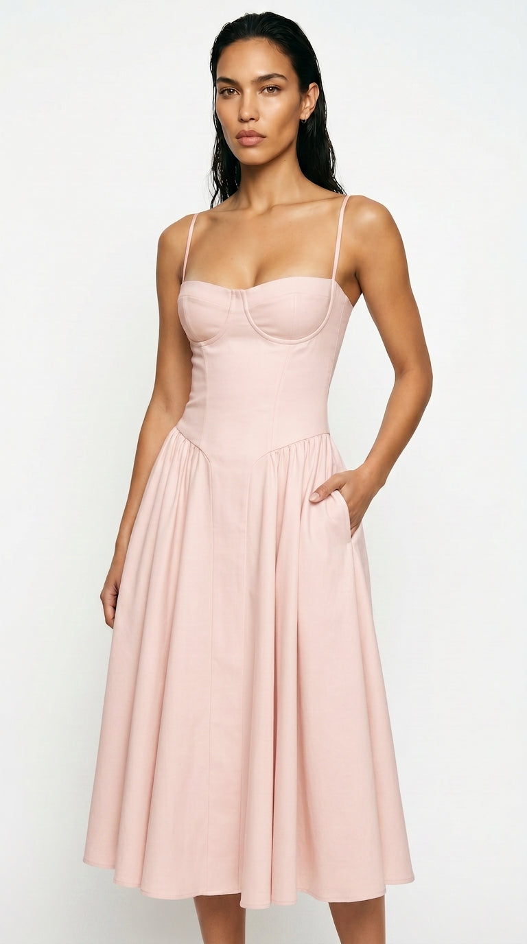 Women's Corset Midi Dress – Square Neck A-Line Dress with Pockets