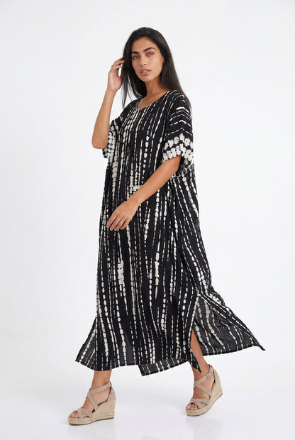 Women's Tie-Dye Kaftan Maxi Dress - Loose Fit, V-Neck Modest Cover-Up