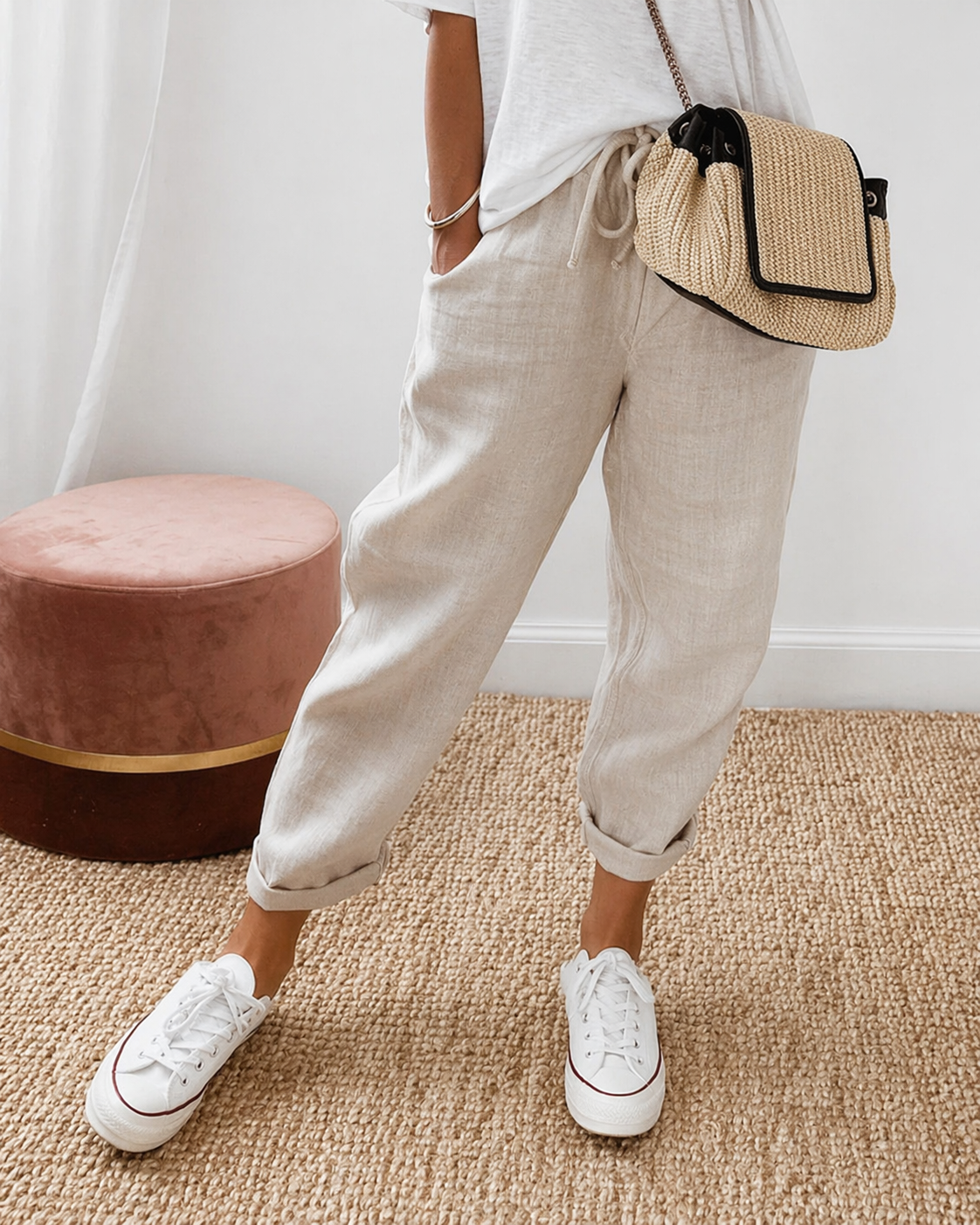 Women's Linen Jogger Trousers – Drawstring Tapered Fit