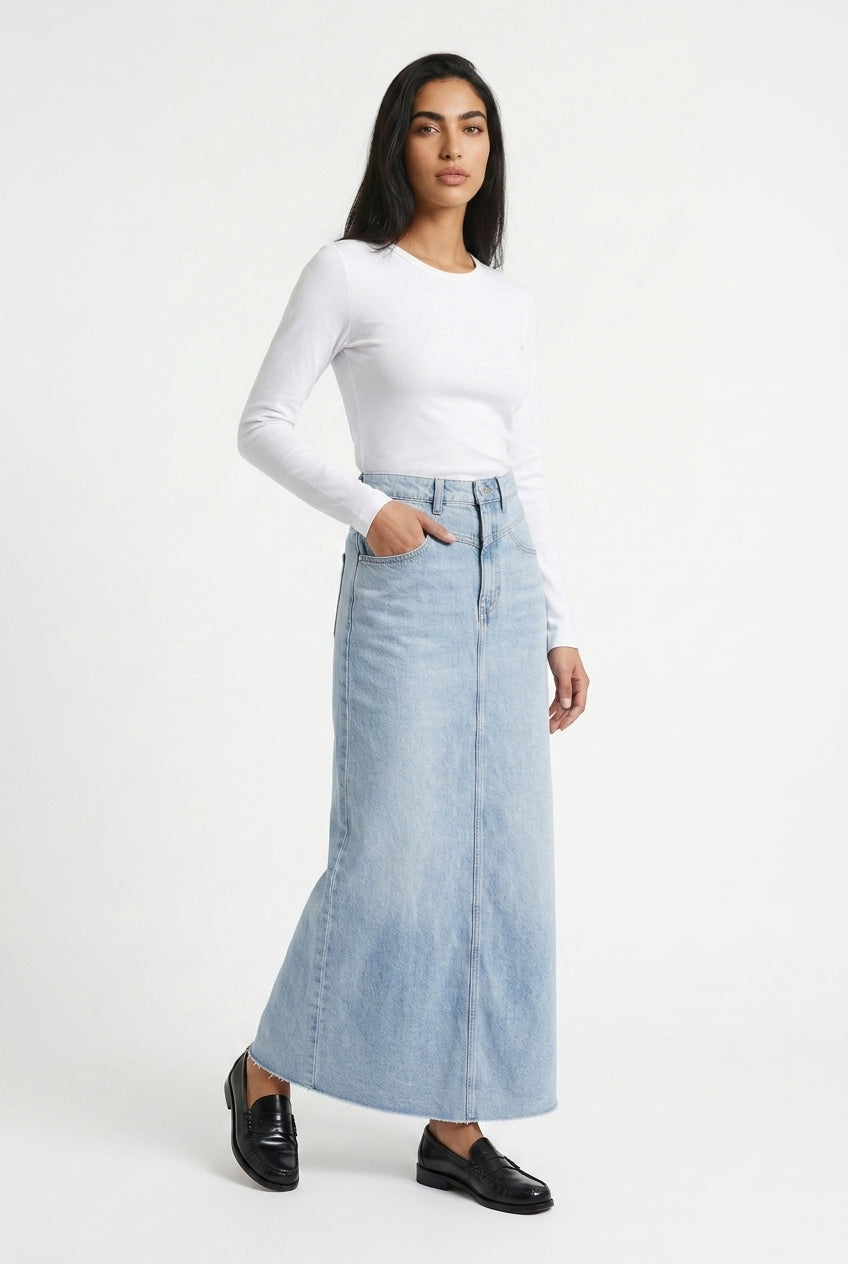 Women's Denim Maxi Skirt – High Waist A-Line Frayed Hem