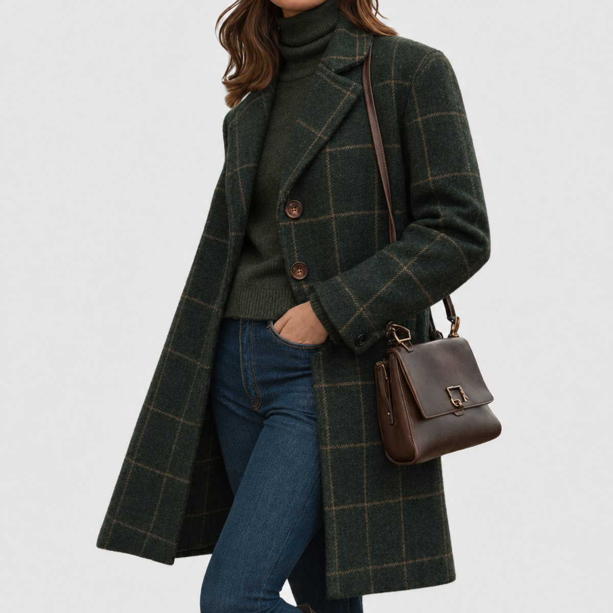 Women's Green Windowpane Check Wool-Blend Overcoat – Tailored Lapel Coat