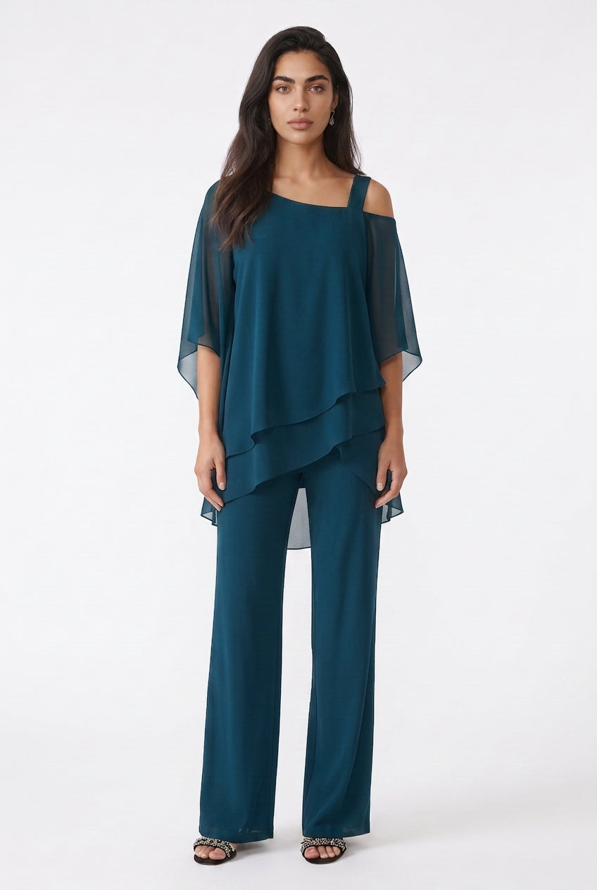 Women's Chiffon Trouser Suit – Layered Top & Wide Leg Trousers