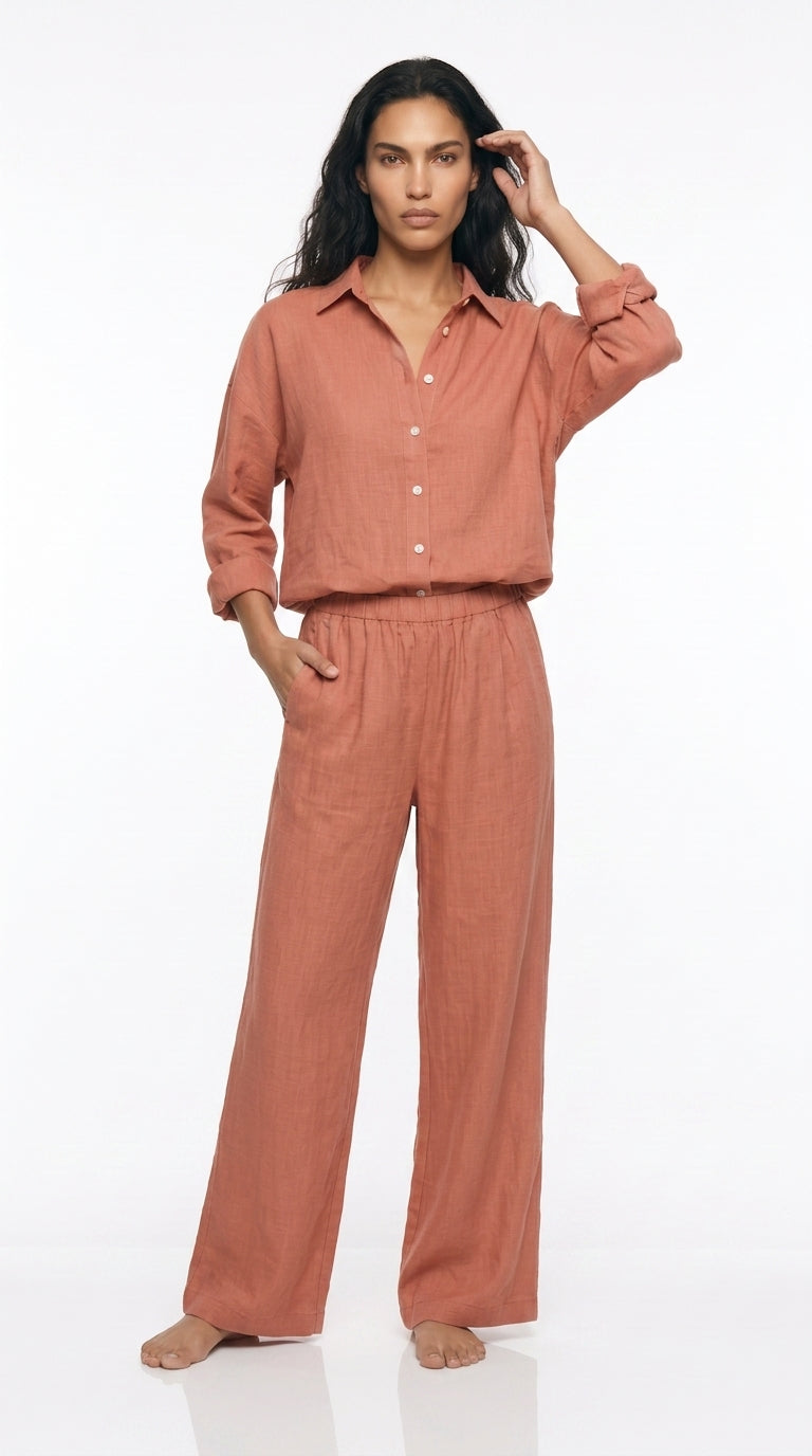 Women's Linen Co-ord Set – Oversized long  Shirt & Wide Leg Trousers