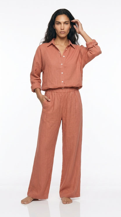 Women's Linen Co-ord Set – Oversized long  Shirt & Wide Leg Trousers