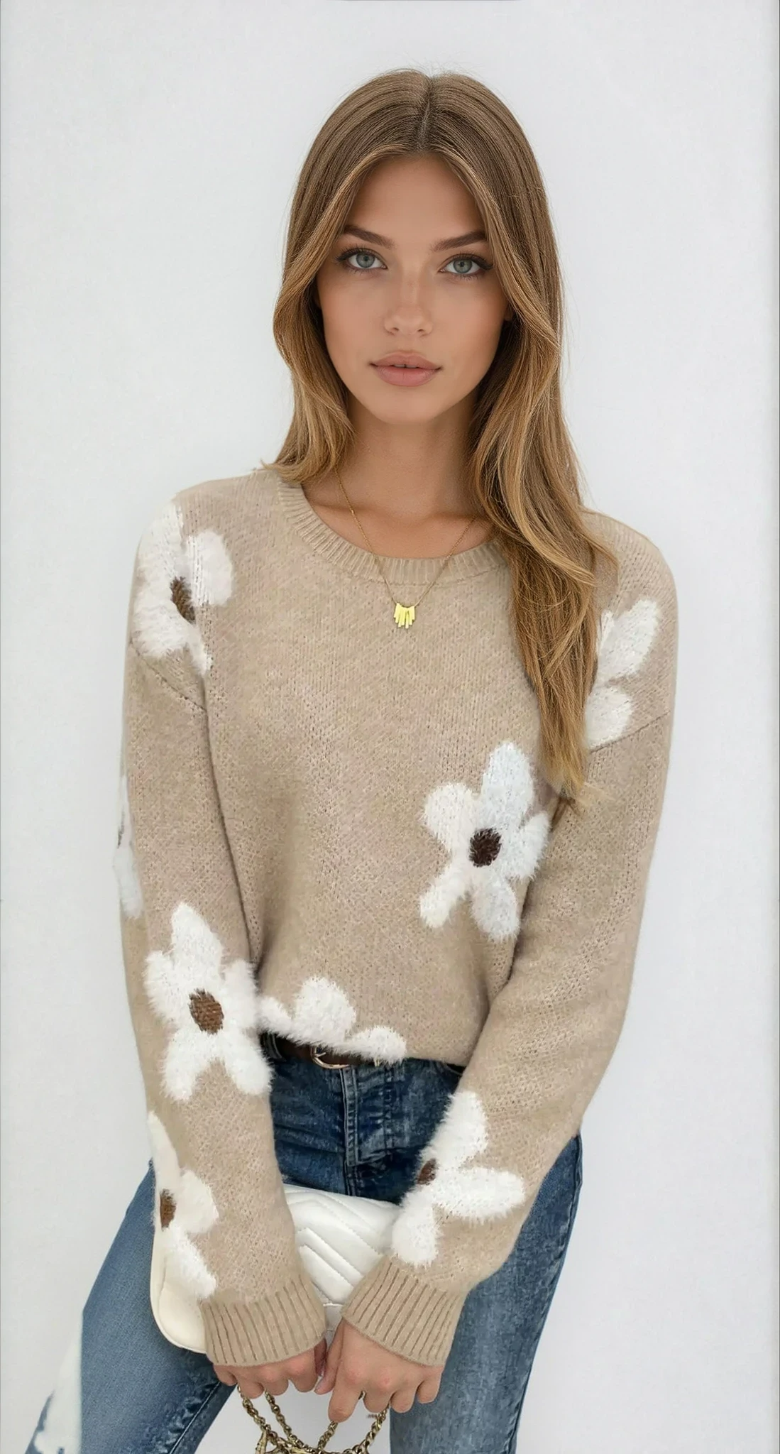 Women's Camel Floral Knit Jumper – Round Neck Winter Sweater